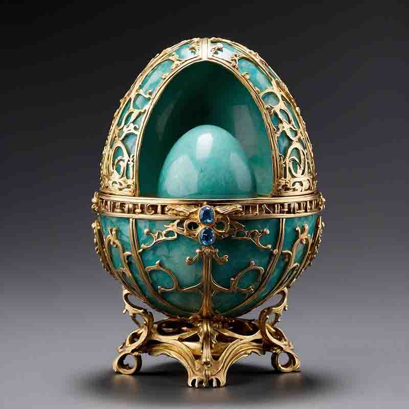 An exquisite gold and turquoise Fabergé egg adorned with a captivating blue stone.