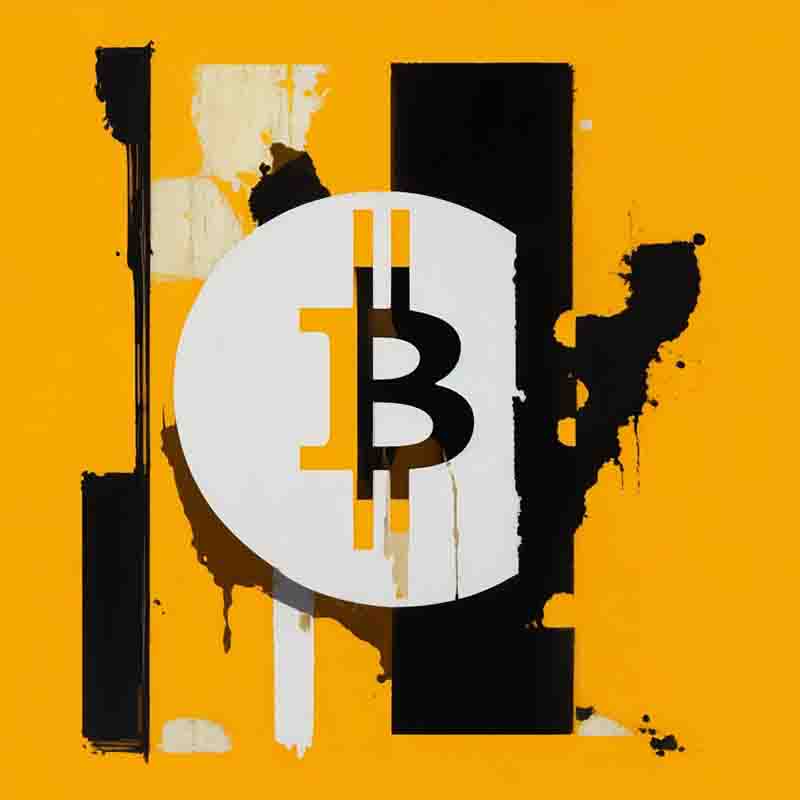 A captivating masterpiece showcasing a golden bitcoin, elegantly painted against a vibrant yellow backdrop.