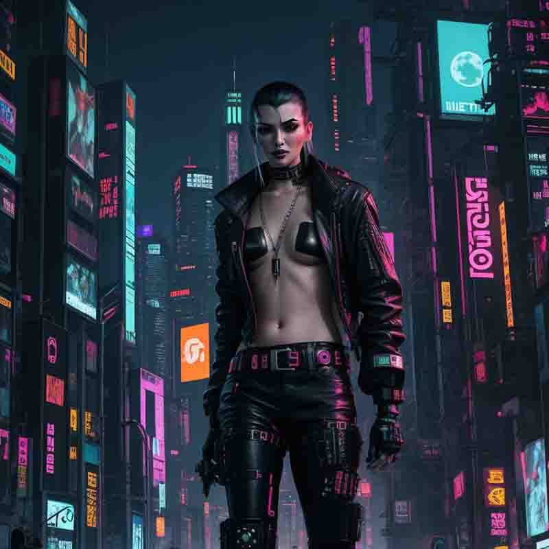 Female sensual Cyber Punk in a leather jacket posing against vibrant neon lights, exuding a cool and edgy vibe.