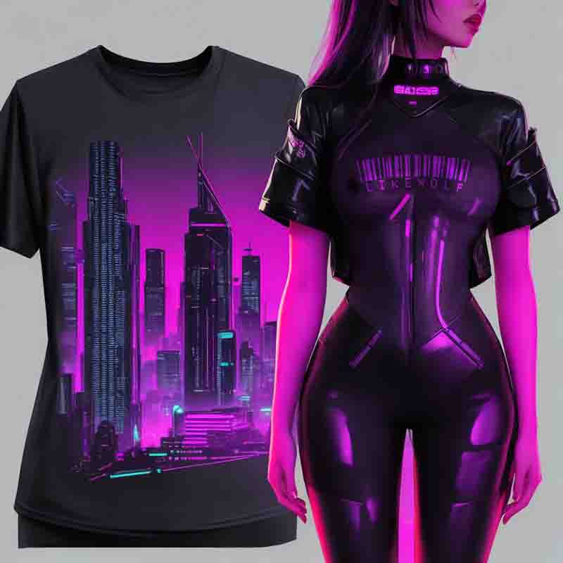 A captivating image showcasing a Cyber Punk-themed t-shirt alongside a woman adorned in a mesmerizing futuristic ensemble.