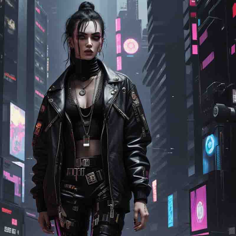 Cyber Punk Urban fashionista posing in leather jacket on city street. The urban landscape serves as a backdrop.