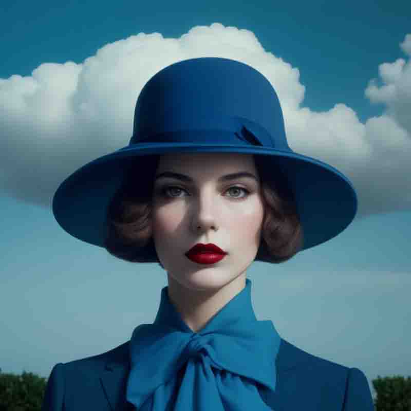 Beautiful woman with blue dress and blue hat against a blue backdrop with clouds and green park