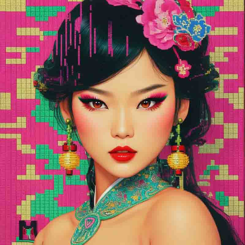 Modern blue chip art piece of Chinese female adorned with pink and red makeup.