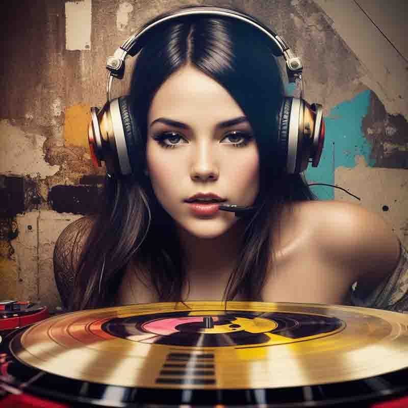Photo-realistic image of sensual house DJ wearing headphones and sitting in front of a turntable. The turntable is black and gold, with a vinyl record on it. The background is a grungy wall with peeling paint and graffiti.
