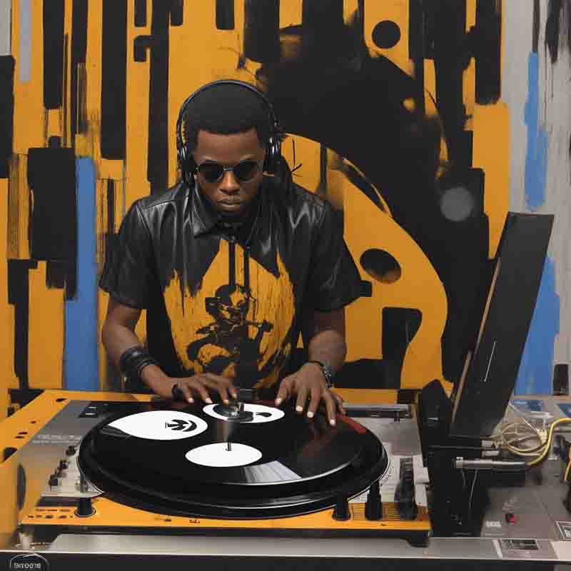 Detroit Techno DJ working on turntables. The Detroit DJ is wearing headphones and sunglasses. The backdrop is a yellow and black painting with a blue vertical line in the style of american expressionism.