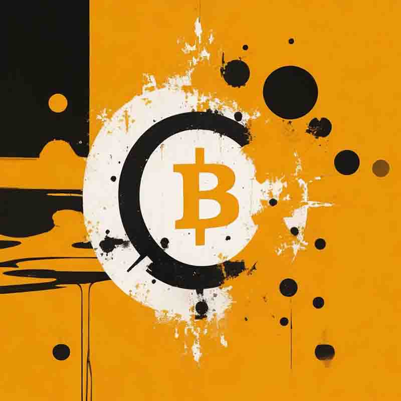 Digital art piece of the Bitcoin logo on a yellow background. The digital art style is minimalist and abstract. The Bitcoin logo is rendered in a flat, solid color, and the background is a solid yellow color. There is no shading or detail, which gives the image a clean and modern look.