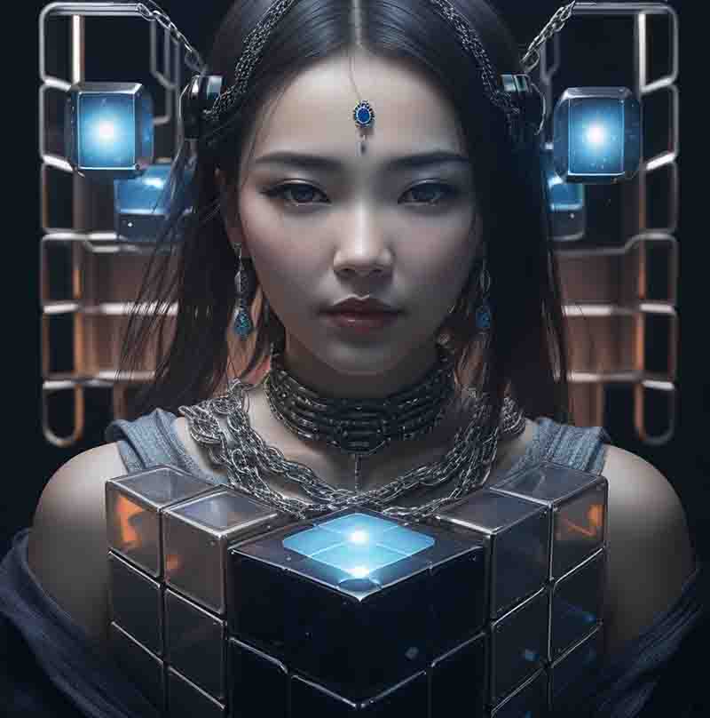 Digital Blockchain art of a woman, wearing a futuristic outfit with blue glowing cubes. The person is wearing a necklace made of cubes and a top made of cubes. The cubes are glowing blue and are connected by silver chains.