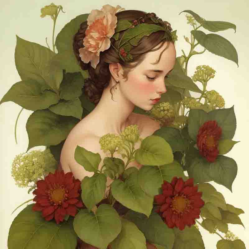 A vibrant botanical art painting featuring a woman donning a floral crown