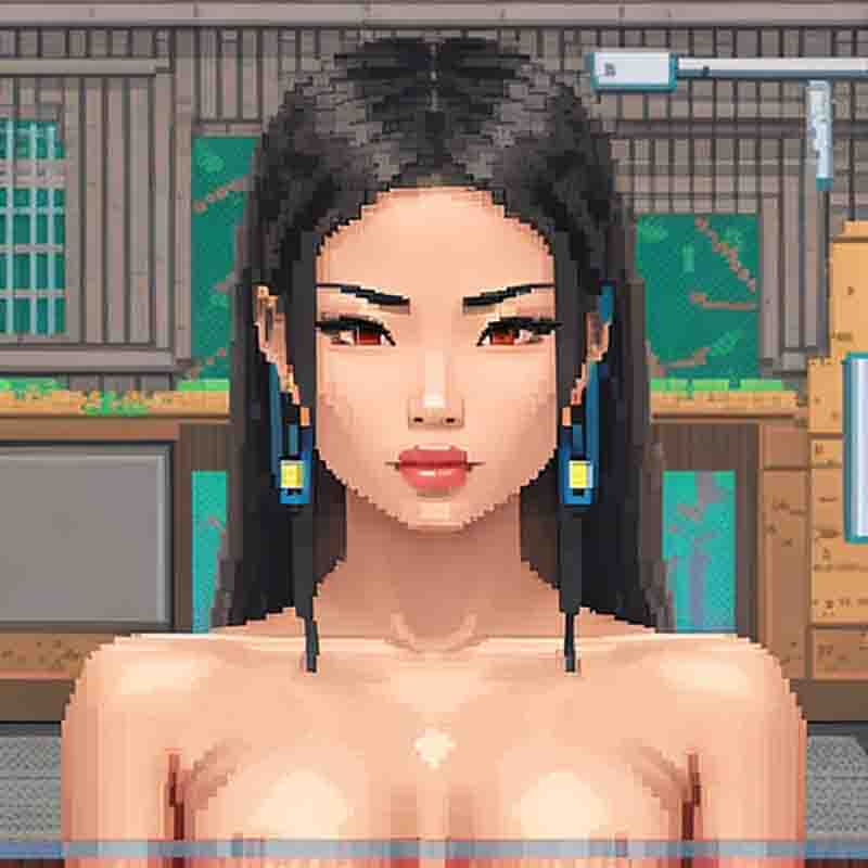 8-bit image of an Asian woman with long black hair and a curvaceous figure.