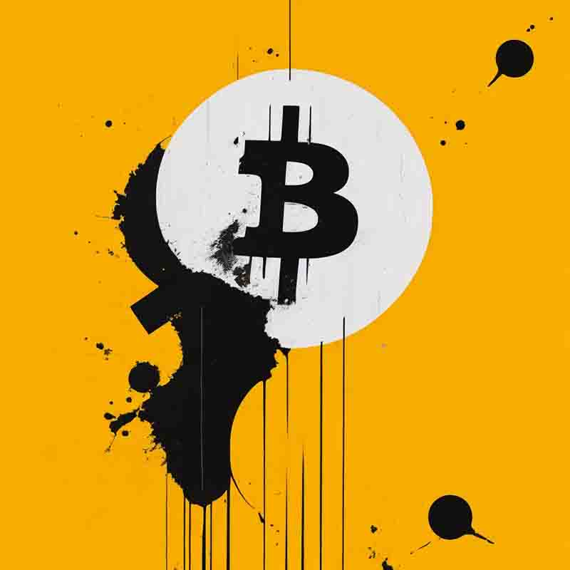 Digital painting of the Bitcoin symbol on a yellow background. The curves are made up of thick, black lines, and the background is a solid yellow color. The overall effect is a simple yet striking image that captures the essence of Bitcoin.