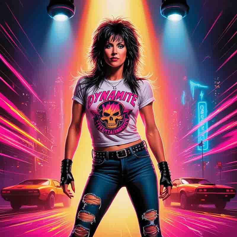 Neon lights illuminate a woman on a classic rock setting with racing cars in the background.