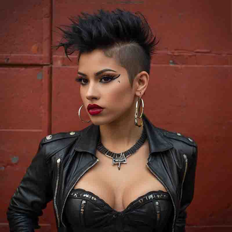 Sensual Latin Punk Rock with mohawk hairstyle wearing leather jacket in front of a red wall.