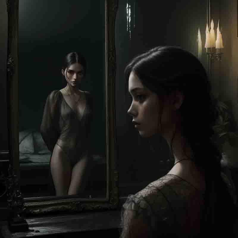 A woman in lingerie admiring her doppelganger reflection in the mirror.