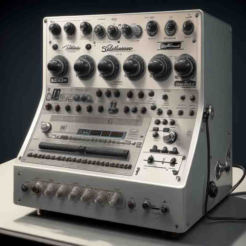 A vintage electronic drum machine with various knobs and buttons, used for creating beats and rhythm.