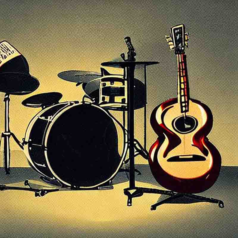 Drawing of a guitar and a drum set. The guitar is in the foreground, and the drum set is in the background. The drawing is done in a realistic style.