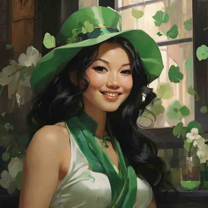 Asian woman with a chic green hat during St. Patrick's Day celebrations.