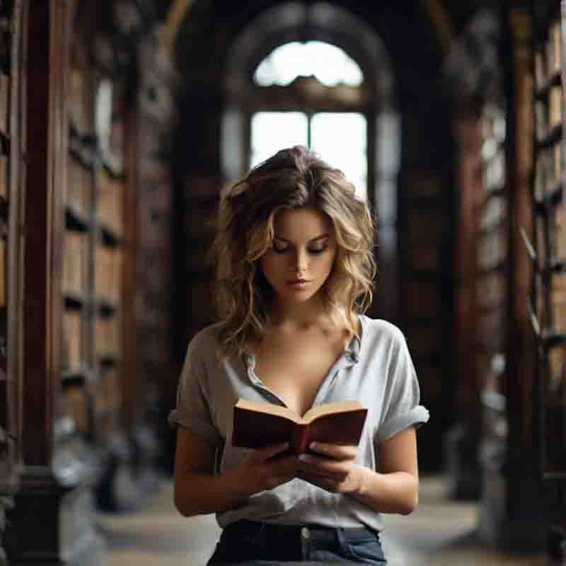 Woman captivated by a Geman American Literature book, amidst a library filled with shelves of knowledge.