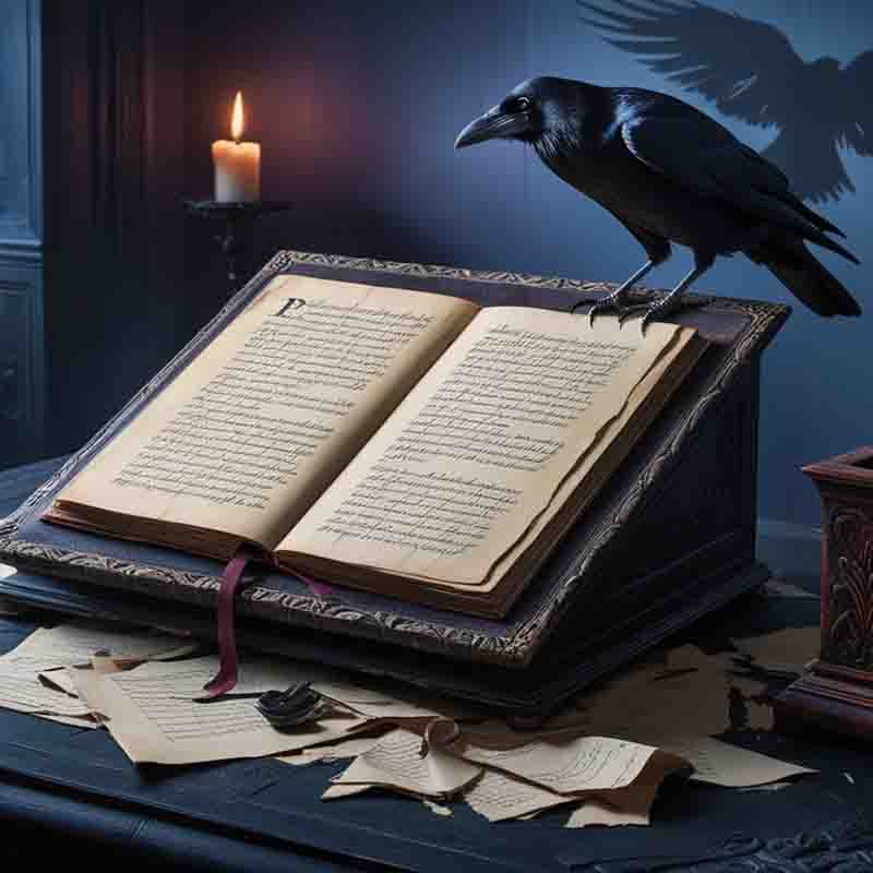 A raven rests on an open book, embodying the connection between nature and literature.