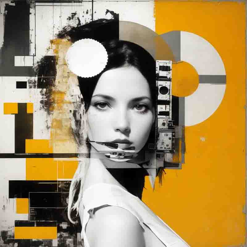 Photo of a woman standing in front of a yellow and black abstract painting. The painting is composed of geometric shapes and lines, with a large white circle on the right side. The woman is wearing a white top and has long dark hair.