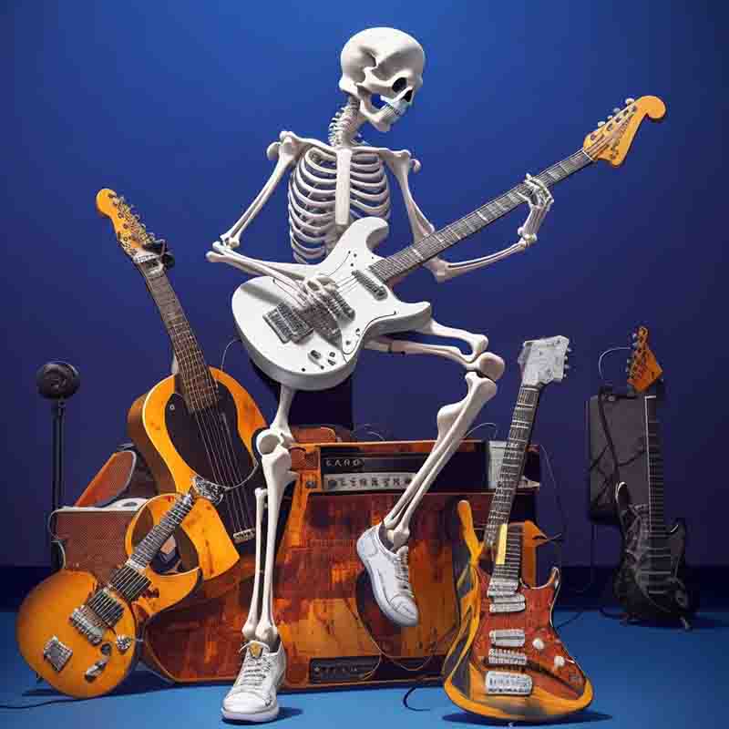 A skeleton playing a white electric guitar in a studio with blue interior background