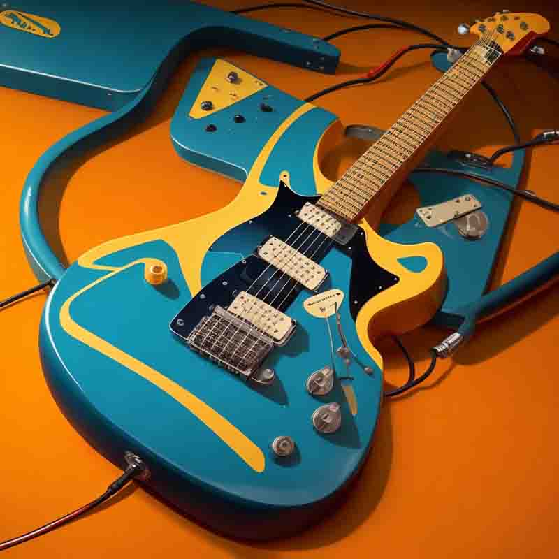 A blue electric guitar with a yellow headstock, perfect for musicians seeking a vibrant and stylish instrument.