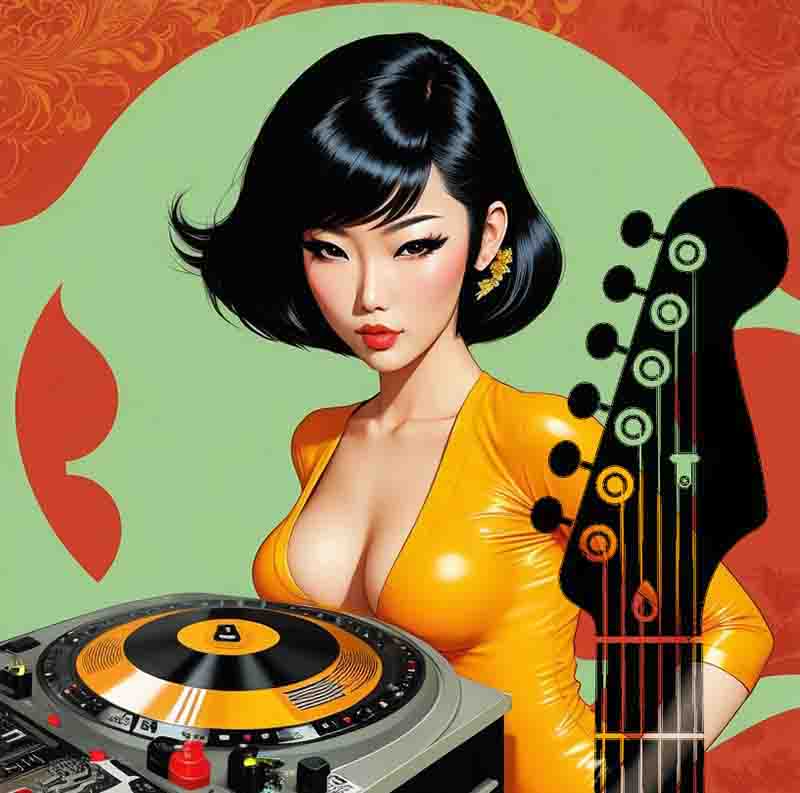 Asian woman showcasing her musical talent with a DJ turntable and a guitar.