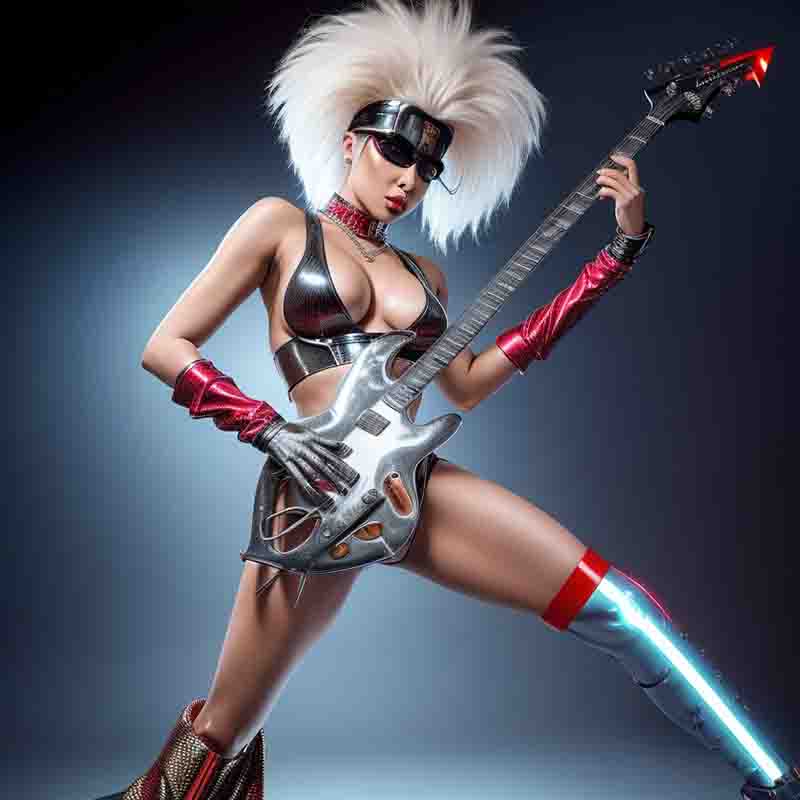 Electro Rock Babe in seductive pose with futuristic electric guitar and futuristic sexy space outfit