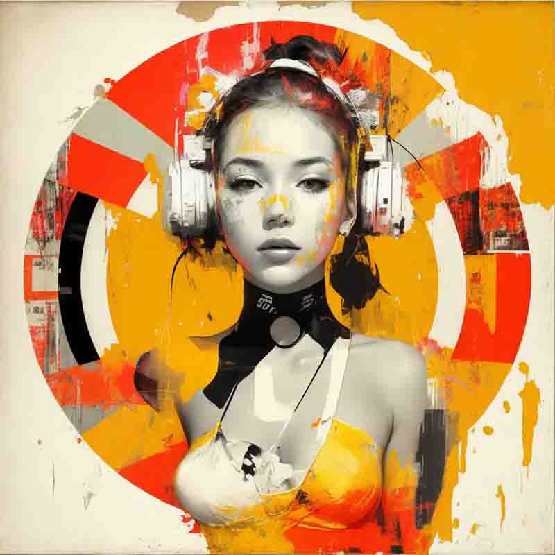 Digital art of a beautiful woman wearing a white tank top and large headphones. The background is a white canvas with a large red and orange circle. The circle is made up of brushstrokes and splatters of paint.