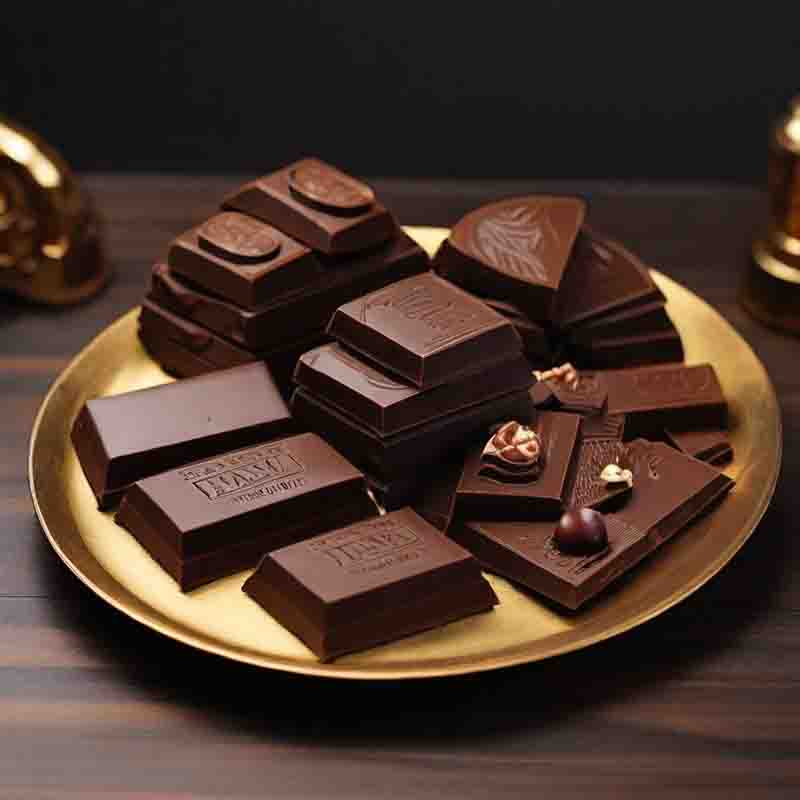 Chocolate bars presented on a luxurious gold plate.