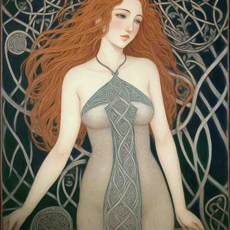 Sensual Celtic woman with flowing red hair adorned with a dress with intricate Celtic patterns. The Backdrop is elaborately styled with artistic Celtic design.