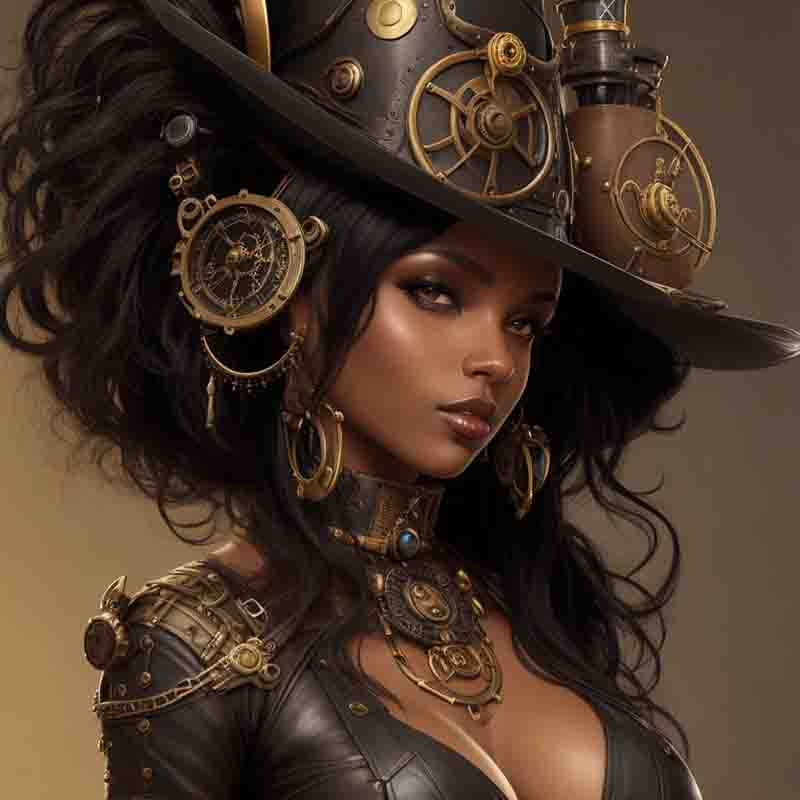 Stylish black steampunk woman wearing a hat with a clock on her chest, exuding elegance and charm.