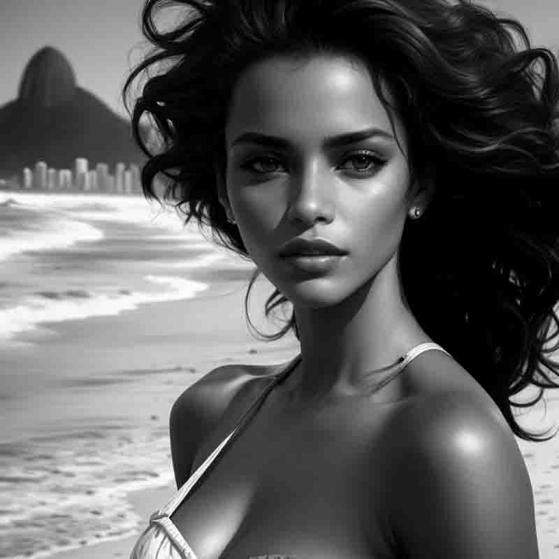 A stunning woman on the beach in Rio de Janeiro, captured in a black and white photograph.