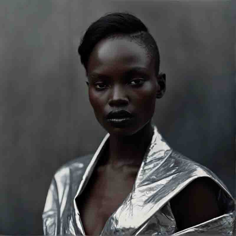 Black fashion model with short hair wearing a haute couture silver jacket