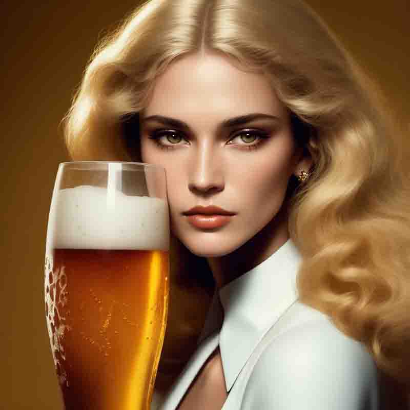 A stunning blonde woman smiles while holding a frothy glass of Erdinger Weissbeer in her hand.