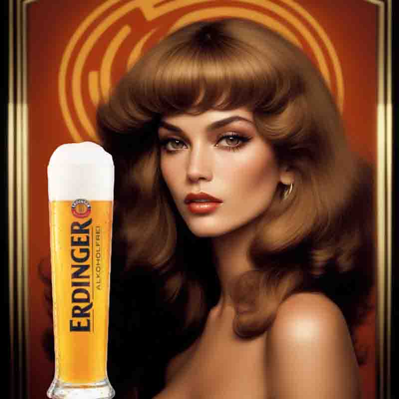 A sensual woman with flowing, lustrous hair poses gracefully next to a frothy glass of Erdinger Weissbeer. The background is a 1970 style orange and brown pattern.