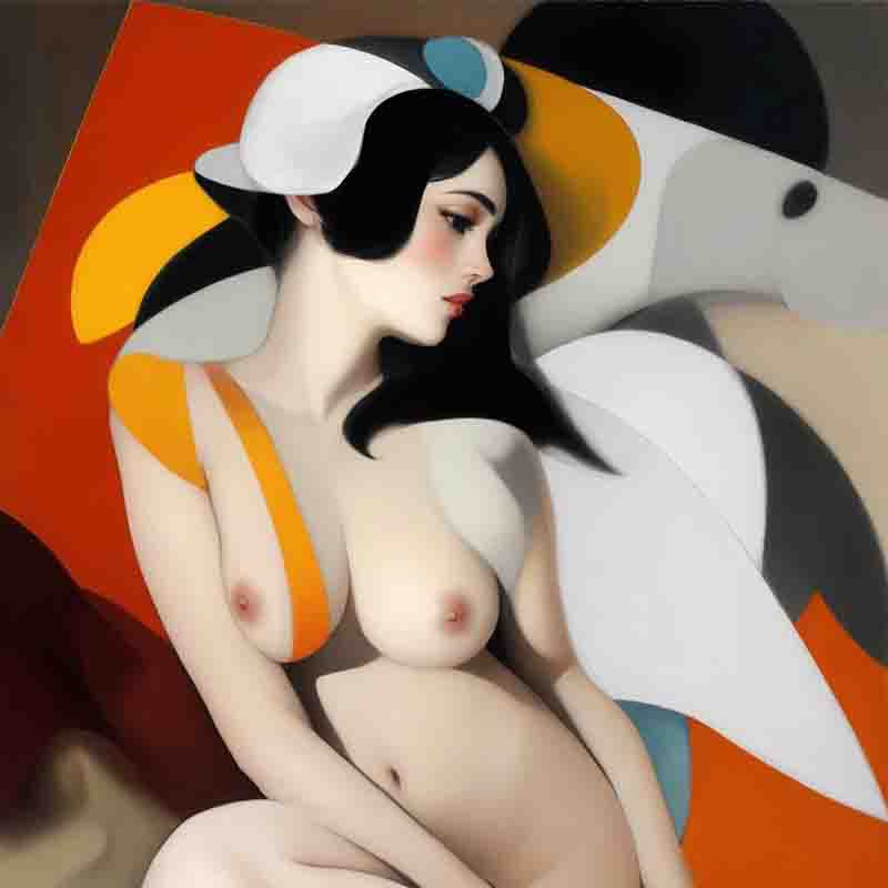Digital art image of a sensual female nude. The woman’s body is in a stylized in curves and lines. She is placed in front of a colorful background.