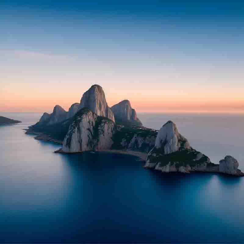Es Vedra a small island in the middle of the mediteranian sea at sunset. The sky is a deep blue, and there are a few clouds in the sky. The island is covered in green vegetation.