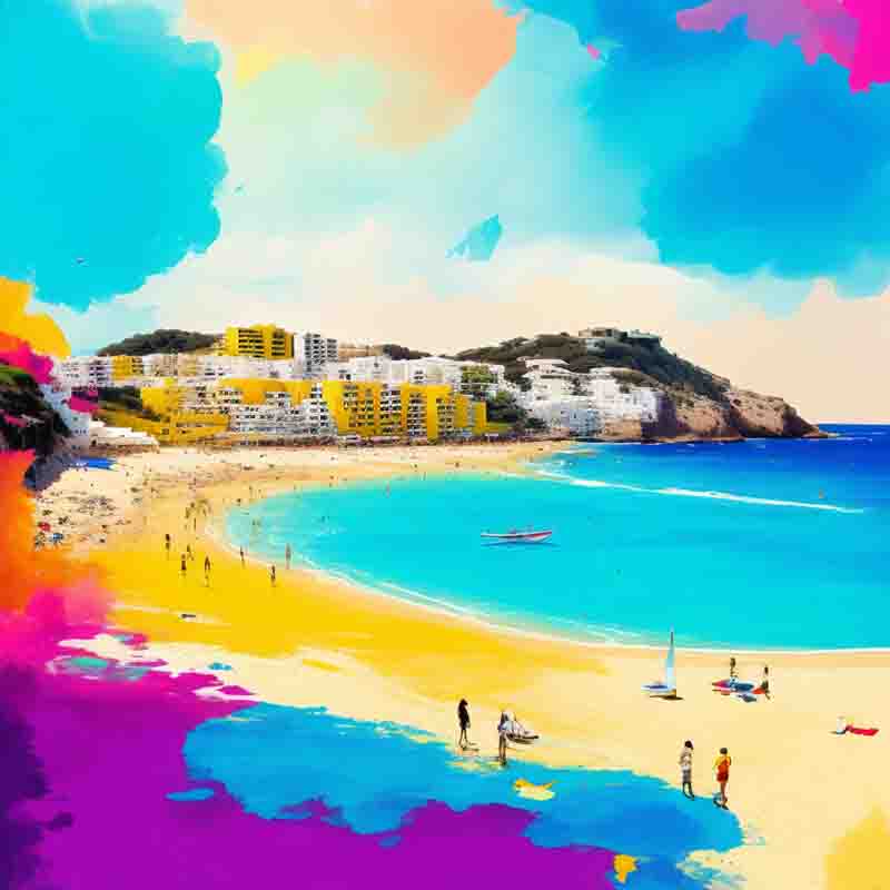 Colorful fine art painting of an Ibiza beach with people on it. The beach is surrounded by buildings and there are people walking on the beach.