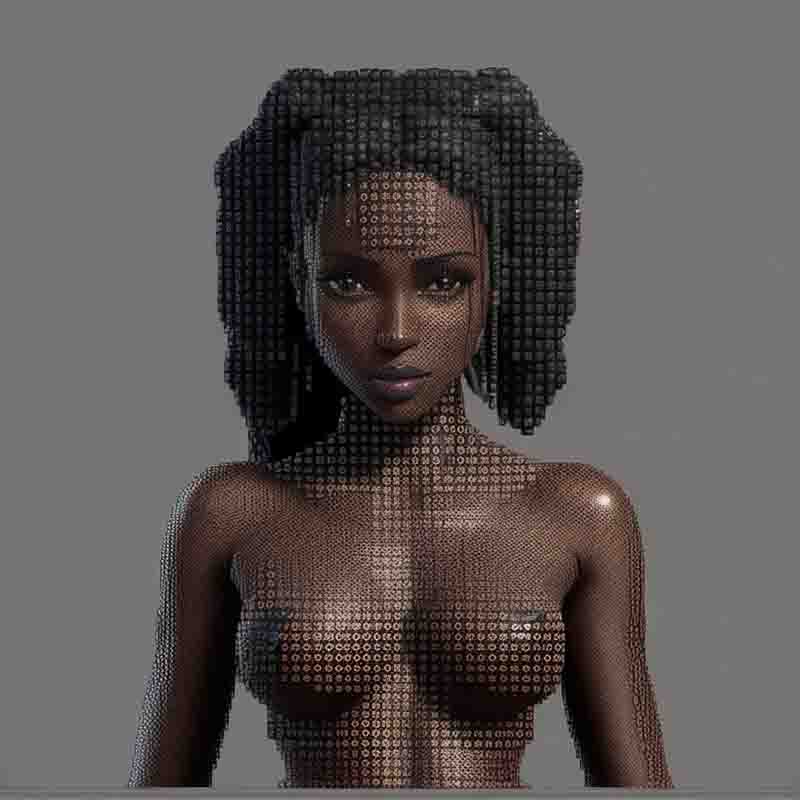 8-bit model of a black sensual woman, showcasing elegance and grace in a visually striking manner.