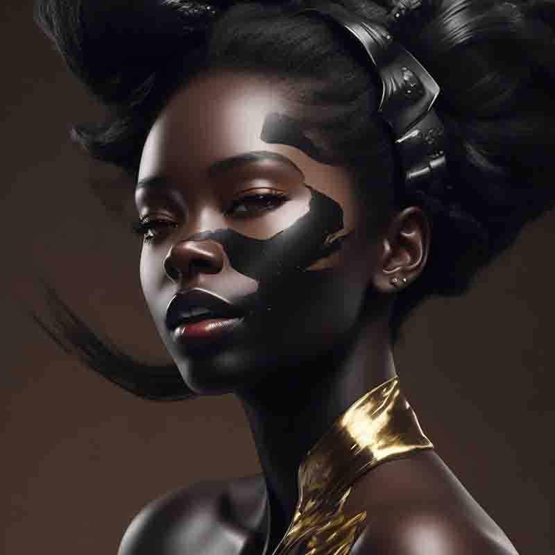A photo-realistic digital art image of a black woman with golden face paint.