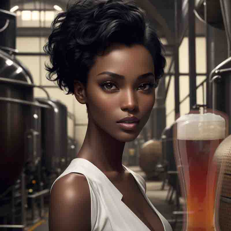 A young black woman gracefully holds a glass of beer, radiating beauty and elegance.