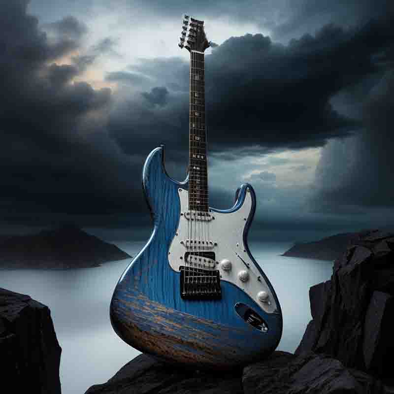 Blue electric guitar sitting on top of a rock in front of a stormy sky.