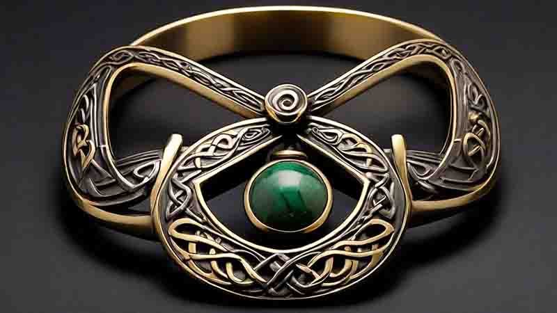 A gold and green stone ring with a Celtic design, showcasing intricate patterns and cultural symbolism.