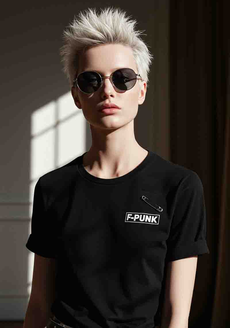 Gen Z Model with blond hair wearing f-punk limited edition t-shirt