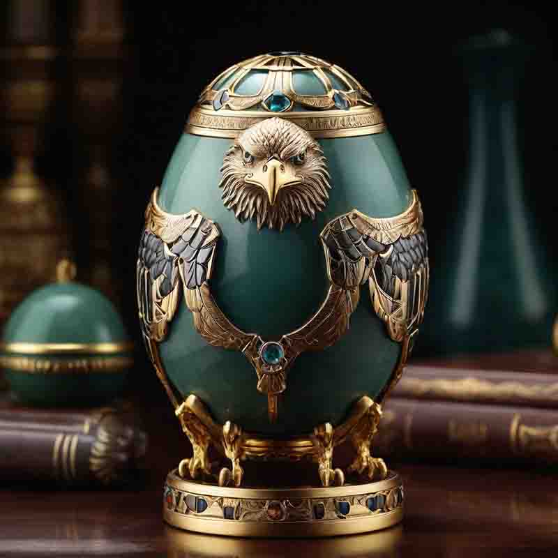 Eagle perched on Fabergé egg, guarding it with care.