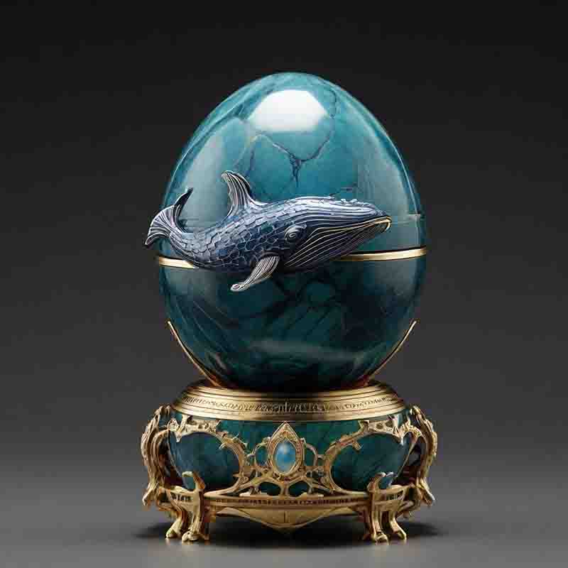 An exquisite gold and turquoise Fabergé egg adorned with a A magnificent whale.