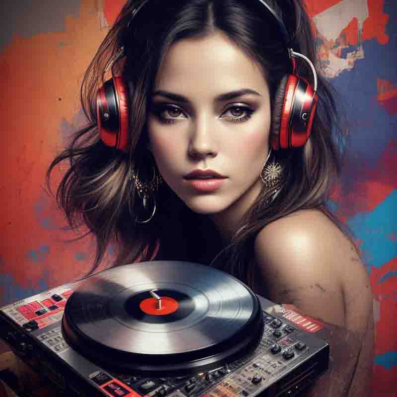 Young techno DJ in front of a DJ record player. She is wearing red headphones. The background is a wall painted in black, red, and blue.