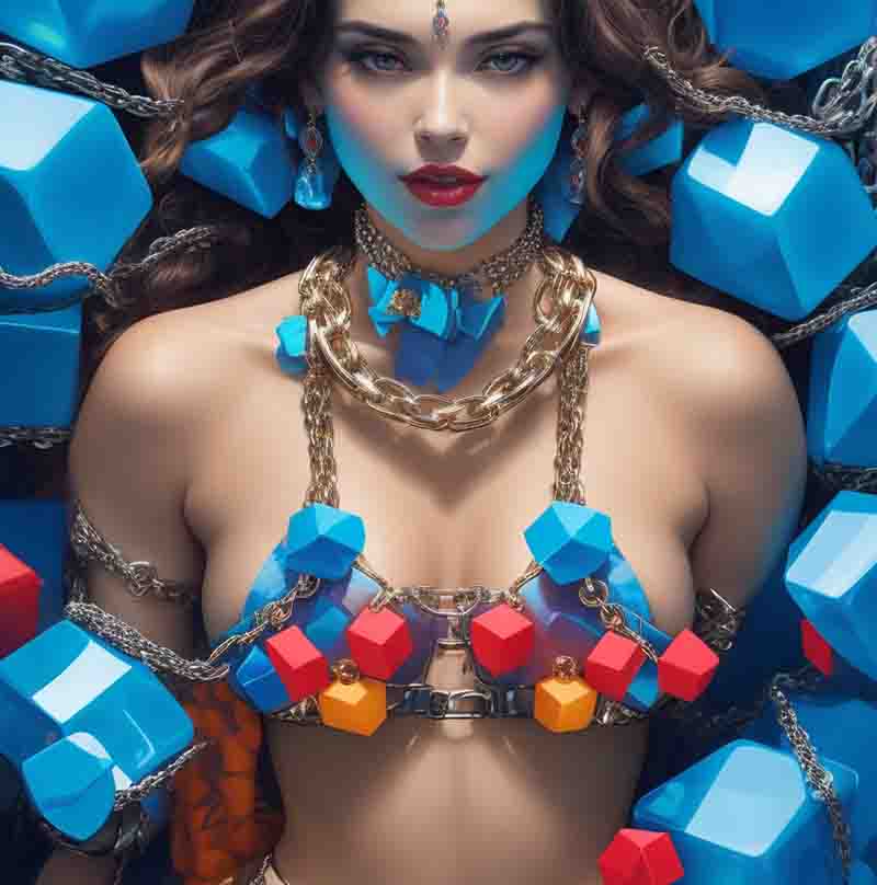 Digital blockchain art of a sensual woman wearing chains and cubes. She wears a necklace of blue, red and yellow cubes. The background consists of cubes chained together in a fanciful portrayal of blockchain technology.