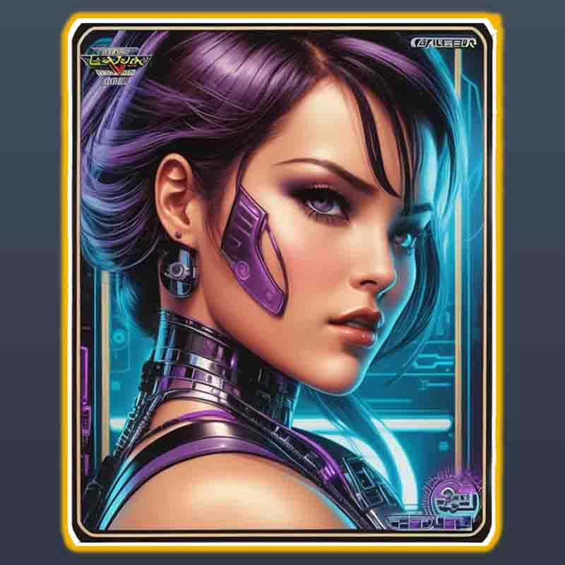 Trading Card showcasing sensual woman with purple hair and a futuristic look.