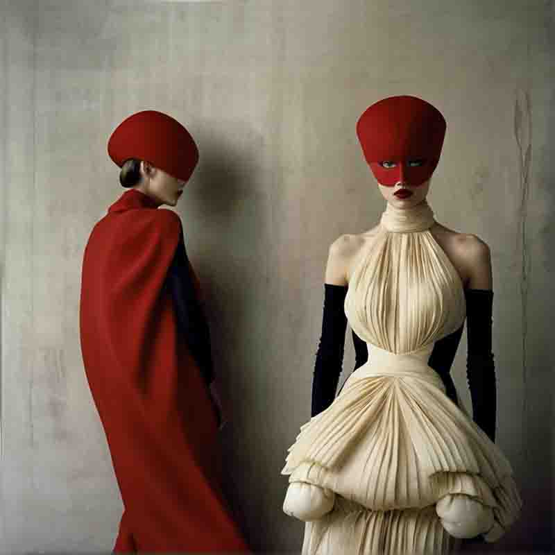 Two high fashion models with red masks and haute couture garments at a fashion shooting.